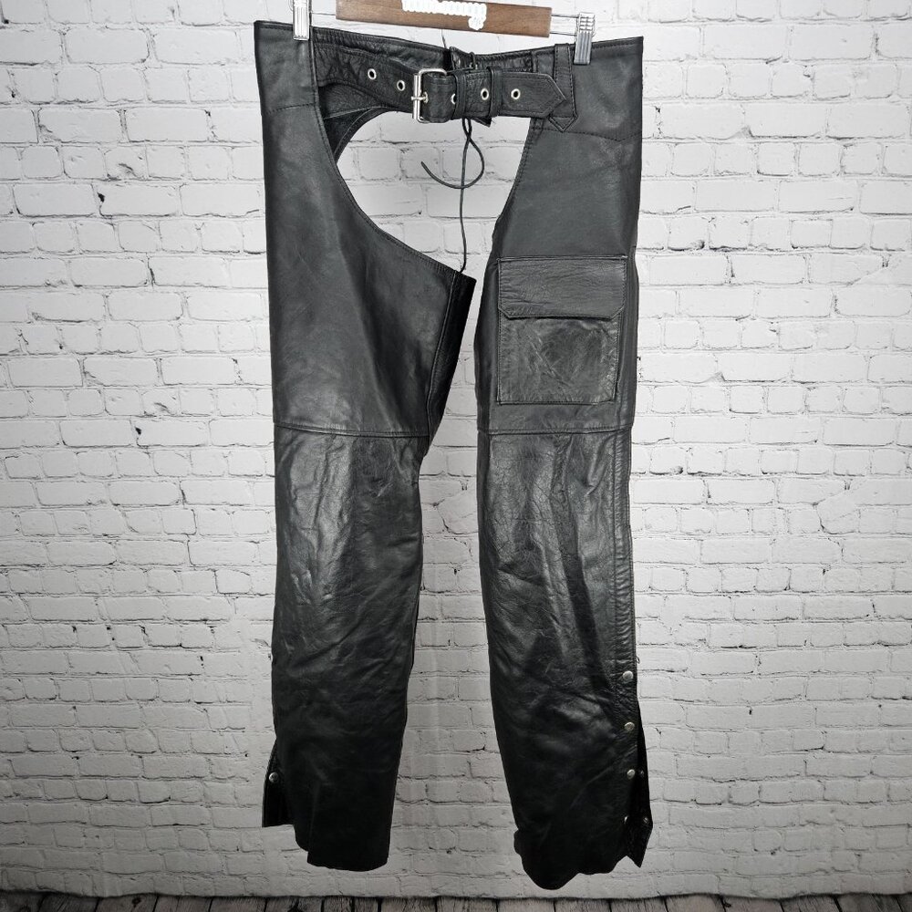 Interstate Leather Black Belted Zip Snap Motorcycle Gear Chaps Pants Size XL